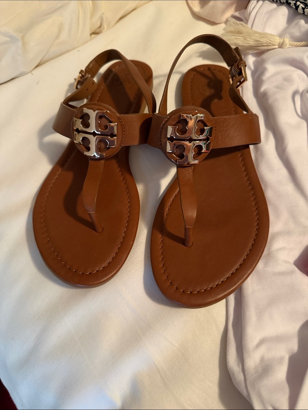 Tory Burch Brown Leather Logo Thong Sandals